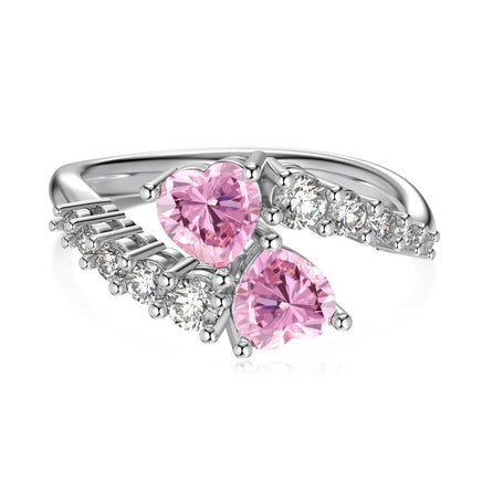 S925 Sterling Silver Birthstone Double Heart Shaped Love Stitching Design Ring - Sterling Hearts