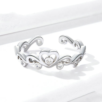 Sterling Silver Love Heart Crown Ring Fashionable Retro Style Simple Line Ring - Sterling Hearts