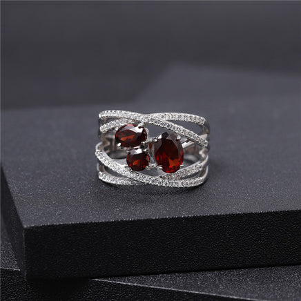 Red Garnet Inlaid Gemstone Ring 925 Sterling Silver - Sterling Hearts