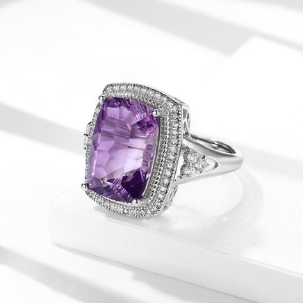 S925 Silver Set Pillow Shaped Millennium Cut Natural Amethyst Ring - Sterling Hearts