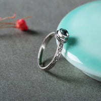 S925 Silver Vintage Ring Round Green Crystal Inlaid - Sterling Hearts