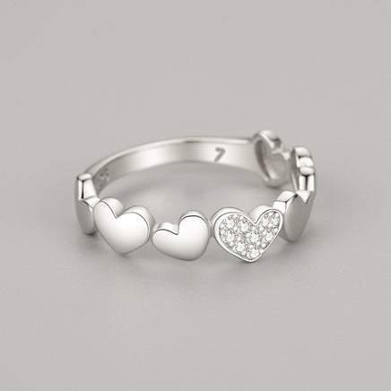 S925 Silver Sweet Personality Heart-shaped Micro Rhinestone Ring - Sterling Hearts