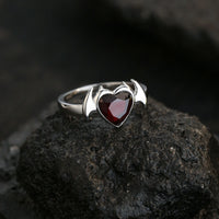 Heart-shaped Bat-shaped Sterling Silver Deep Blood Red Garnet Ring - Sterling Hearts