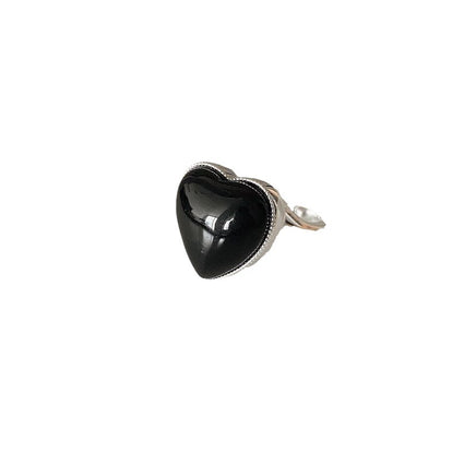 Silver Black Agate Loving Heart With Opening Women's Ring Simple - Sterling Hearts