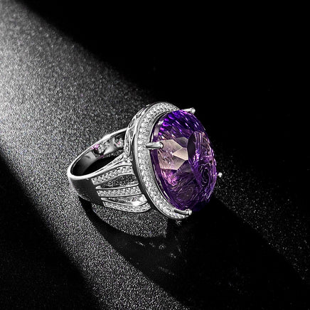 Large Denier Shaped Natural Purple Amethyst Ring S925 Sterling Silver - Sterling Hearts