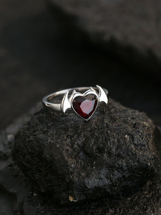 Heart-shaped Bat-shaped Sterling Silver Deep Blood Red Garnet Ring - Sterling Hearts