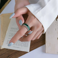 S925 Sterling Silver Green Dropstone Hollow Adjustable Ring - Sterling Hearts