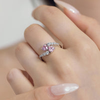 S925 Sterling Silver Birthstone Double Heart Shaped Love Stitching Design Ring - Sterling Hearts