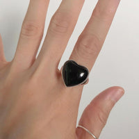 Silver Black Agate Loving Heart With Opening Women's Ring Simple - Sterling Hearts