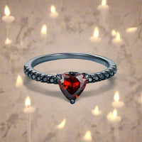 Sterling Silver S925 Dark Night Love Garnet Heart-shaped Ring - Sterling Hearts