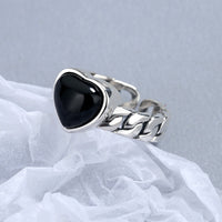 925 Sterling Silver Love Heart Black Agate Ring - Sterling Hearts