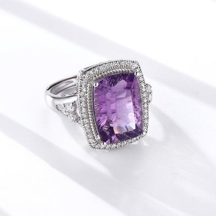 S925 Silver Set Pillow Shaped Millennium Cut Natural Amethyst Ring - Sterling Hearts