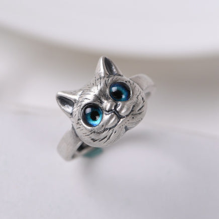 Retro Silver Kitten Ring - Sterling Hearts