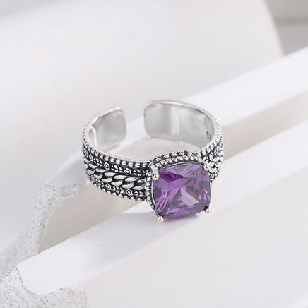 S925 Sterling Silver Square Crystal Purple vintage Ring - Sterling Hearts