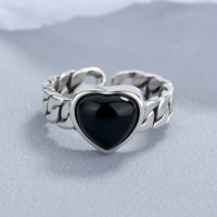 925 Sterling Silver Love Heart Black Agate Ring - Sterling Hearts