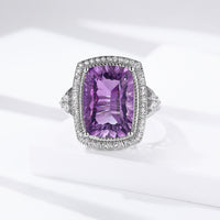 S925 Silver Set Pillow Shaped Millennium Cut Natural Amethyst Ring - Sterling Hearts