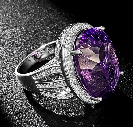 Large Denier Shaped Natural Purple Amethyst Ring S925 Sterling Silver - Sterling Hearts