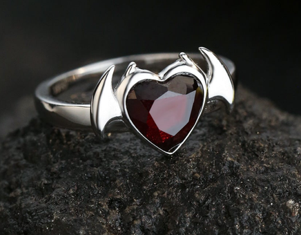 Heart-shaped Bat-shaped Sterling Silver Deep Blood Red Garnet Ring - Sterling Hearts