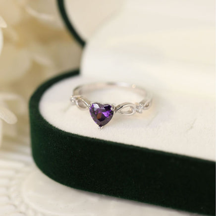 S925 Sterling Silver Natural Amethyst Heart-shaped Simple Women's Gemstone Ring - Sterling Hearts