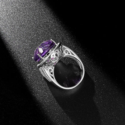 Large Denier Shaped Natural Purple Amethyst Ring S925 Sterling Silver - Sterling Hearts