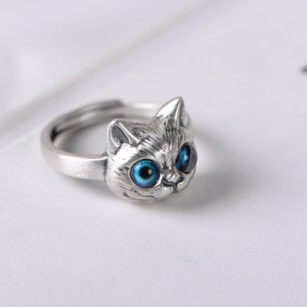 Retro Silver Kitten Ring - Sterling Hearts