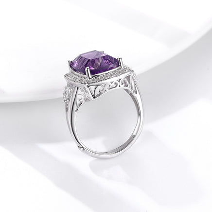 S925 Silver Set Pillow Shaped Millennium Cut Natural Amethyst Ring - Sterling Hearts