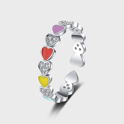 S925 Pure Silver Luxury Sweet Love Rainbow Enamel Ring Girl - Sterling Hearts