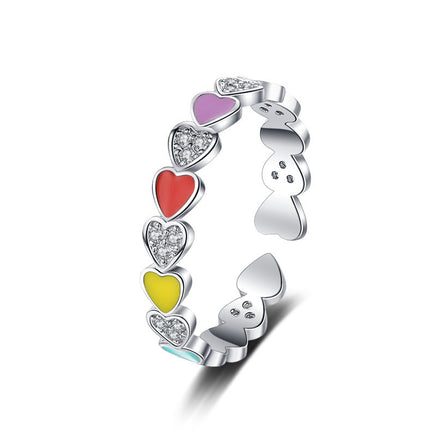 S925 Pure Silver Luxury Sweet Love Rainbow Enamel Ring Girl - Sterling Hearts