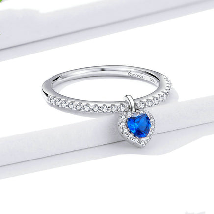 Platinum Blue Love Heart Ring S925 Sterling Silver Mysterious Retro Heart Shape - Sterling Hearts