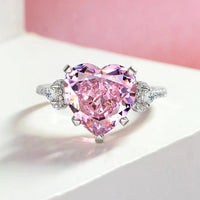 S925 Silver Bold Pink Heart Diamond Ring - Sterling Hearts