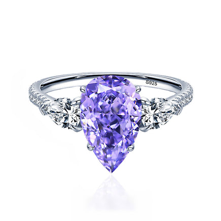 Drop-shaped Yellow Purple Diamond Sterling Silver Ledean Cutting High Carbon Diamond Ring - Sterling Hearts