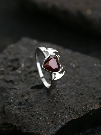 Heart-shaped Bat-shaped Sterling Silver Deep Blood Red Garnet Ring - Sterling Hearts