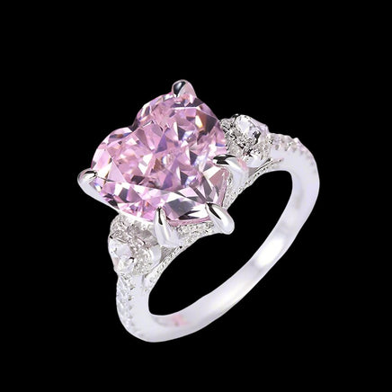 S925 Silver Bold Pink Heart Diamond Ring - Sterling Hearts