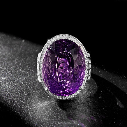 Large Denier Shaped Natural Purple Amethyst Ring S925 Sterling Silver - Sterling Hearts