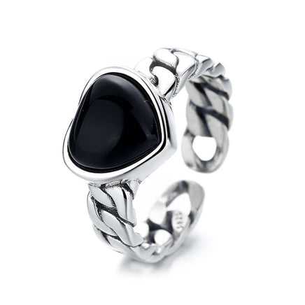 925 Sterling Silver Love Heart Black Agate Ring - Sterling Hearts