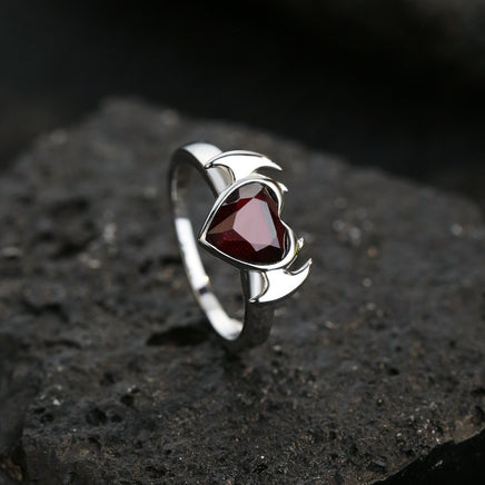 Heart-shaped Bat-shaped Sterling Silver Deep Blood Red Garnet Ring - Sterling Hearts