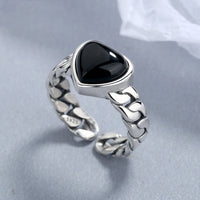 925 Sterling Silver Love Heart Black Agate Ring - Sterling Hearts