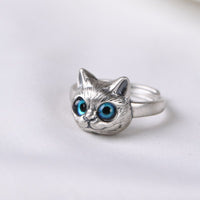 Retro Silver Kitten Ring - Sterling Hearts