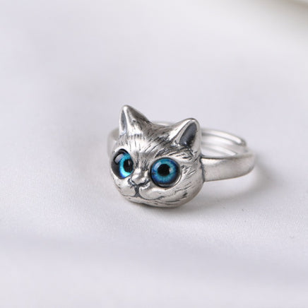 Retro Silver Kitten Ring - Sterling Hearts