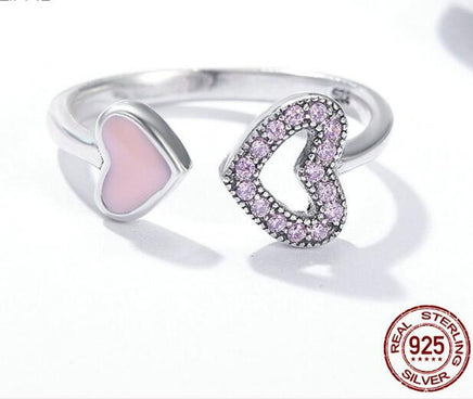 925 Sterling Silver Heart to Heart Enamel & Clear CZ Finger Ring - Fun Gifts & More